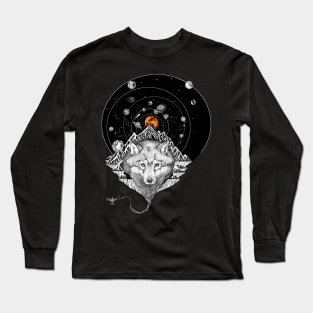 Red Moon Wolf in Space Long Sleeve T-Shirt